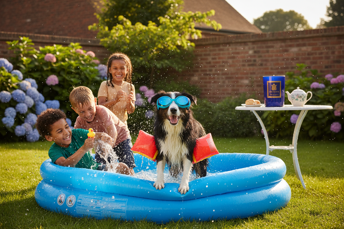 Border Collie and children playing at a swimming pool — summer holidays at home with Lunara luxury fragrance