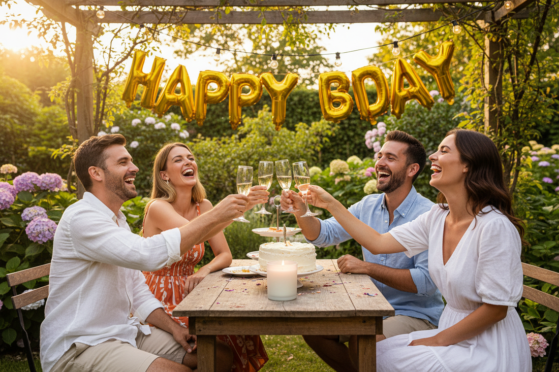 Friends celebrating a birthday in a garden with prosecco — Lunara luxury home fragrance gifts