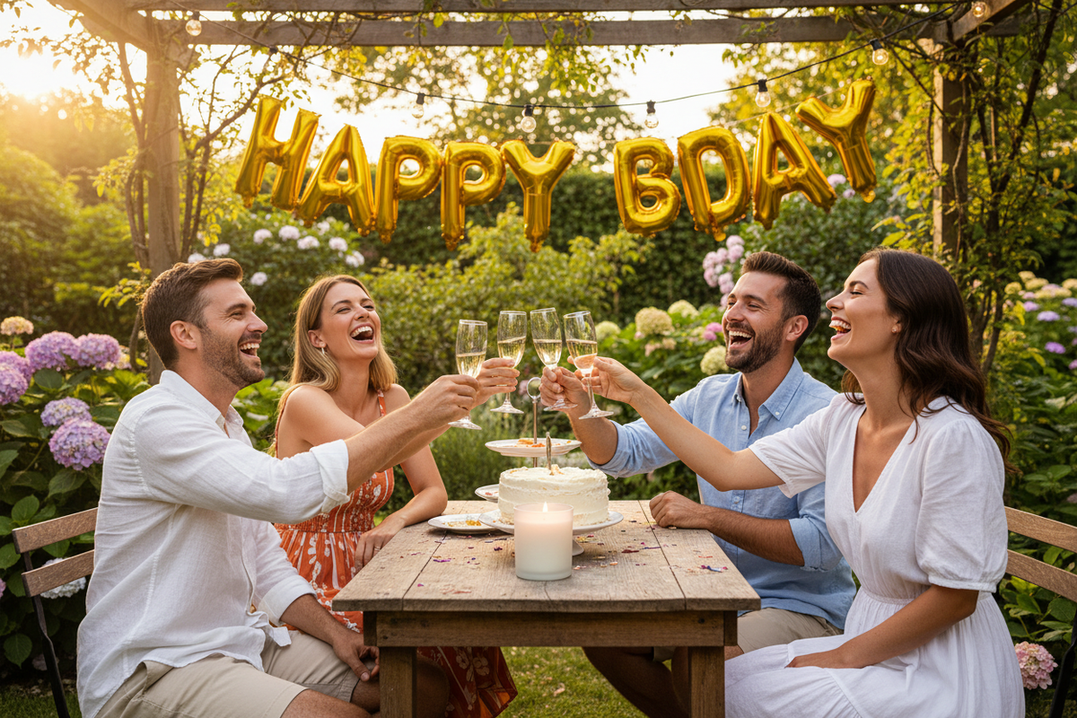 Friends celebrating a birthday in a garden with prosecco — Lunara luxury home fragrance gifts