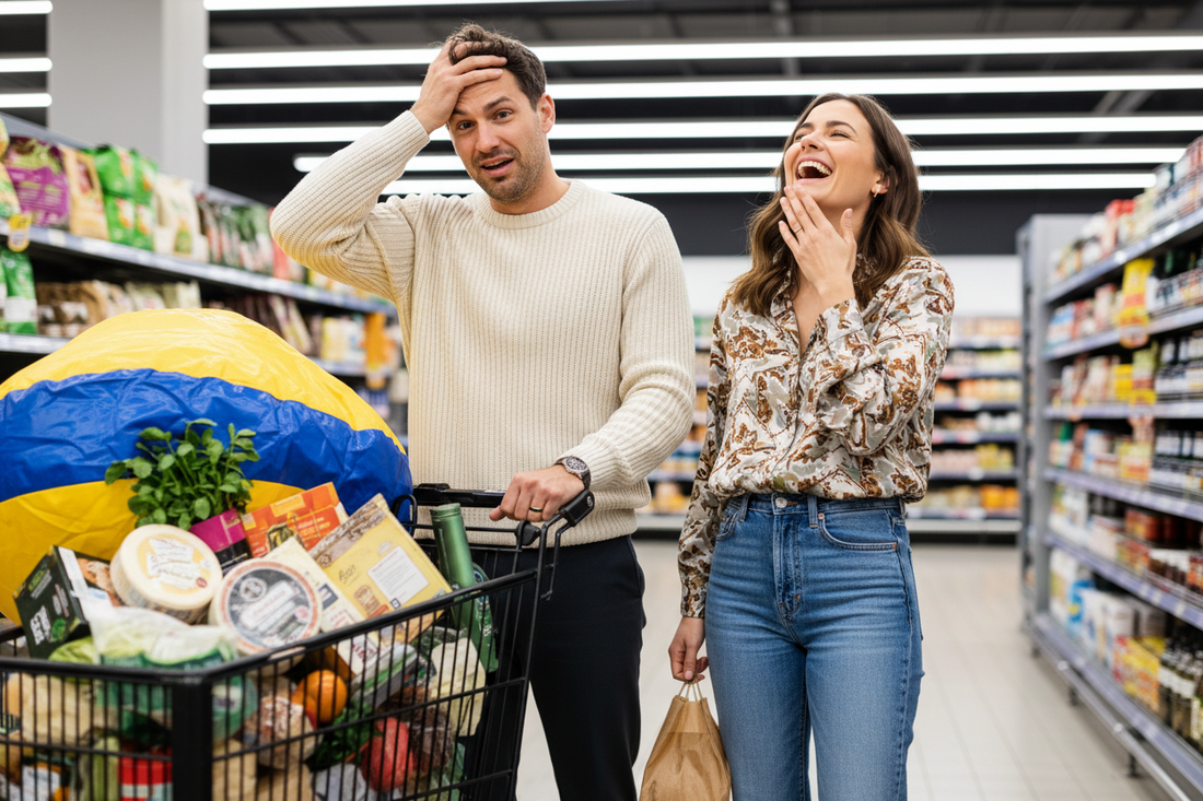 Couple in supermarket chaos — Lunara candle, your home sanctuary