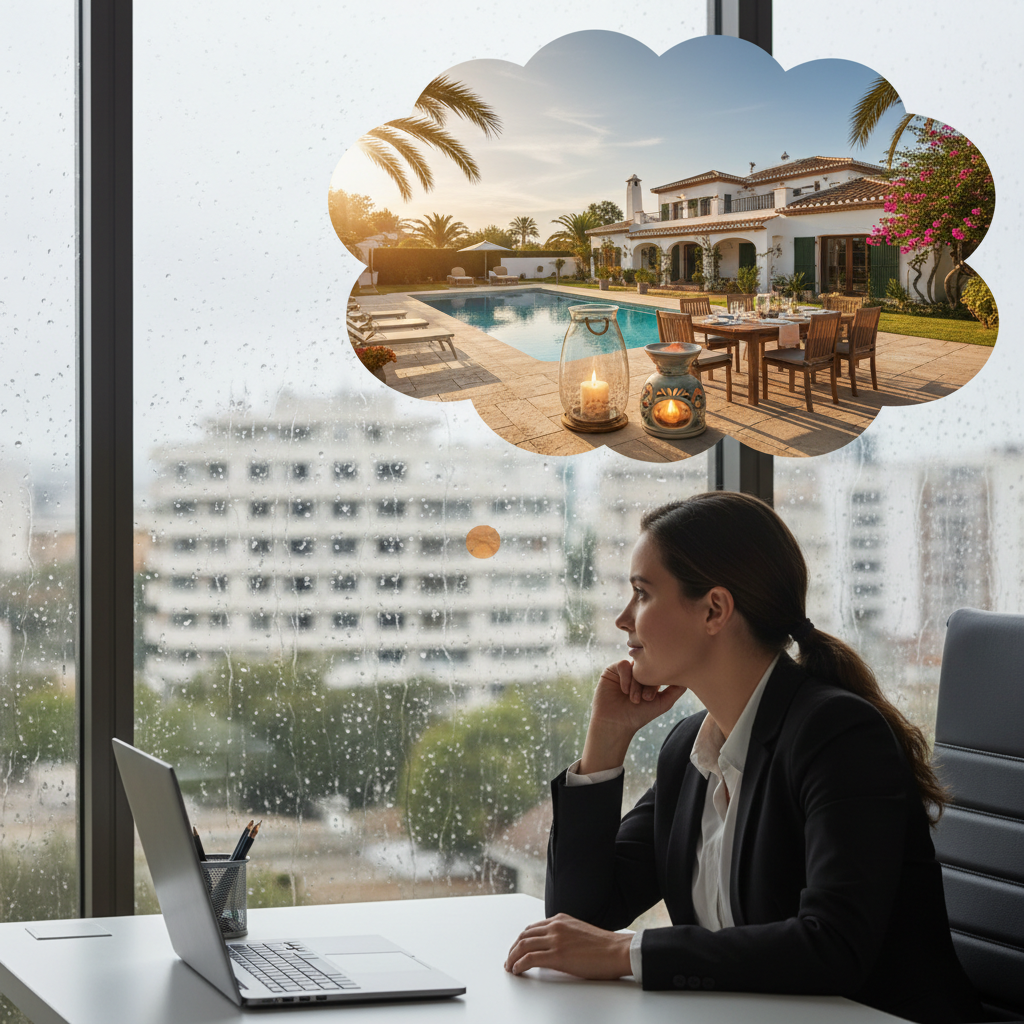 Person daydreaming at their desk — escape the Monday grind with Lunara luxury home fragrance