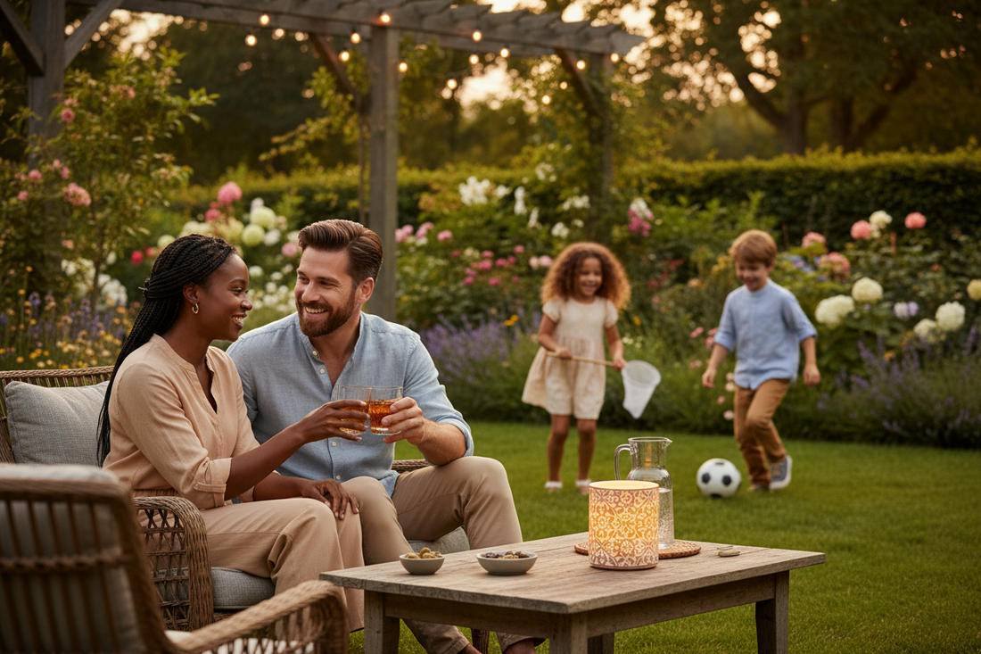 Mixed race family relaxing in a summer garden with a Lunara candle glowing at golden hour