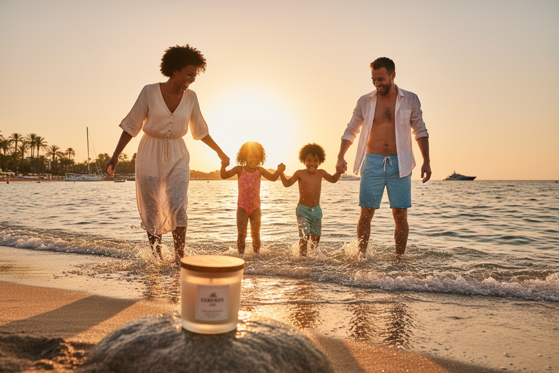 Mixed-race family at the water's edge on a beach in golden light with a Lunara candle in the foreground