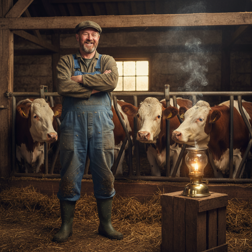 A muddy farmer in a cow shed with a Lunara oil burner glowing in the corner