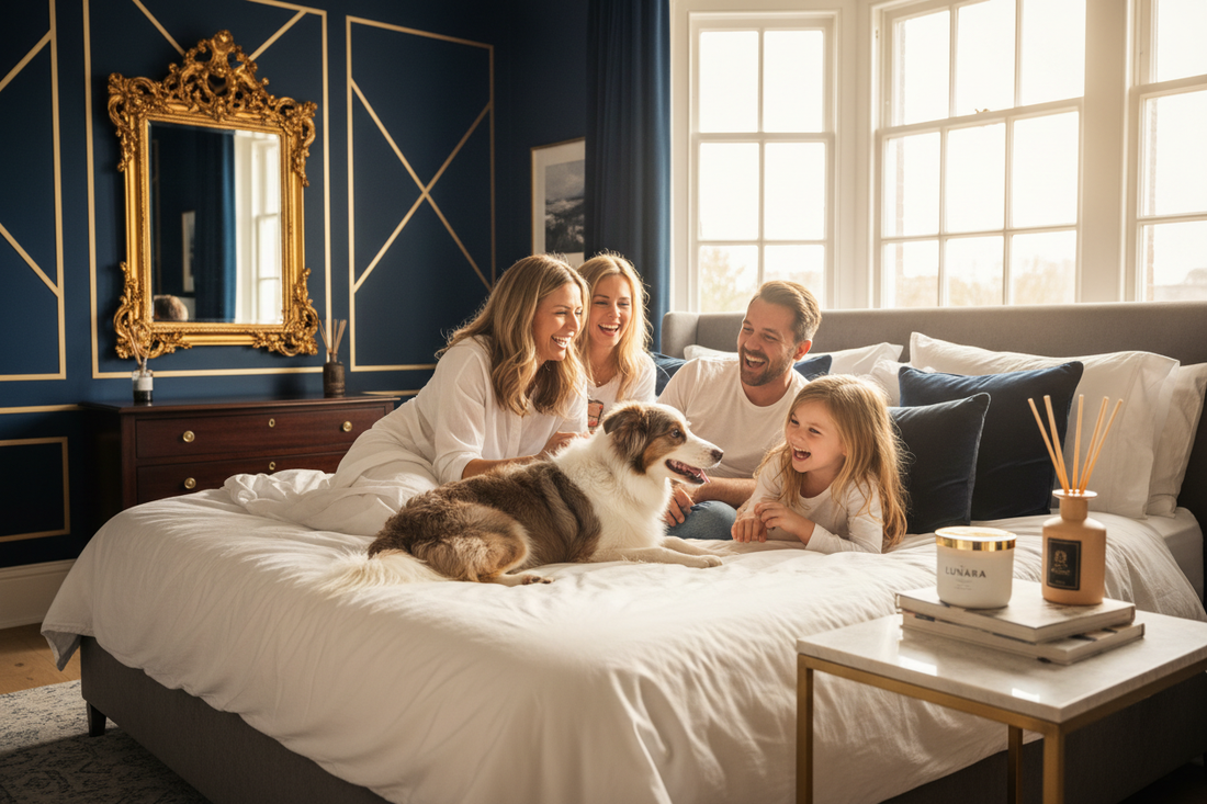 Family celebrating Father's Day at home — luxury gifts from The Lunara Man collection