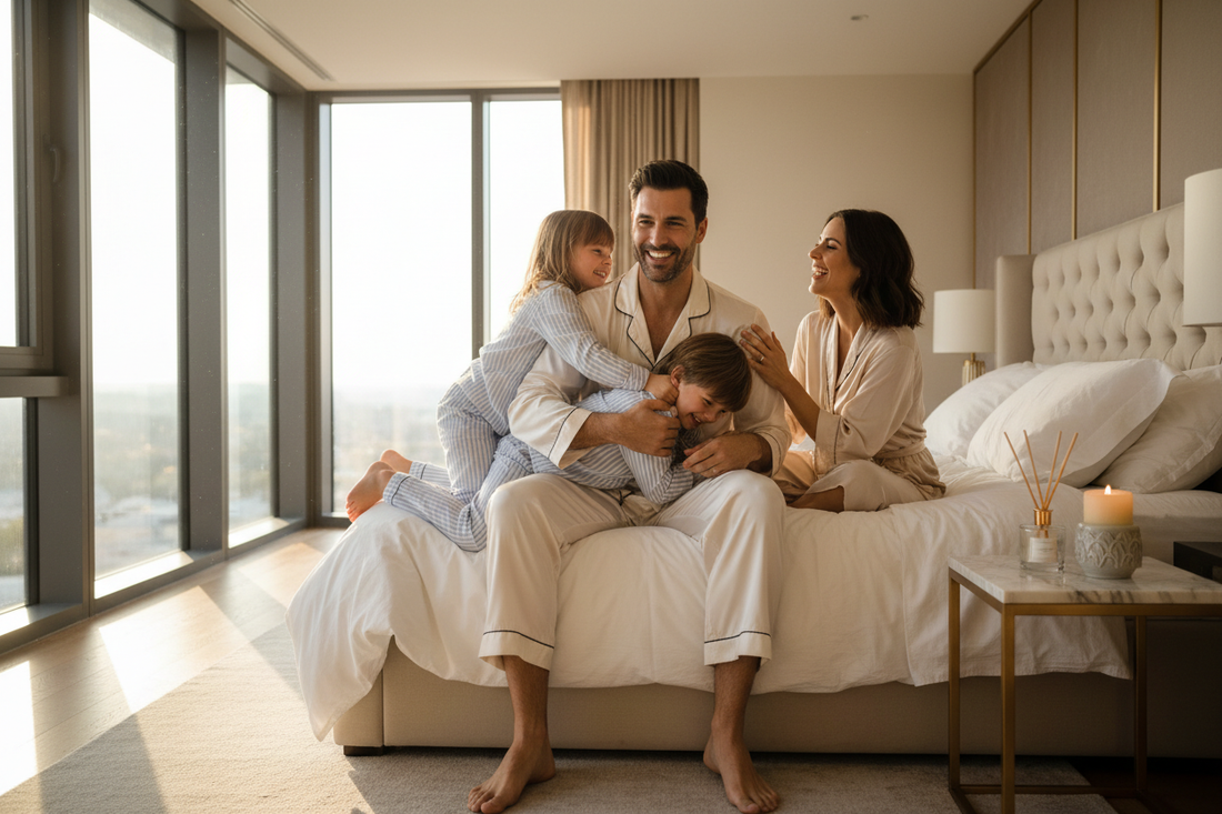 Family celebrating Father's Day at home with a Lunara luxury candle — the perfect atmosphere for a special morning