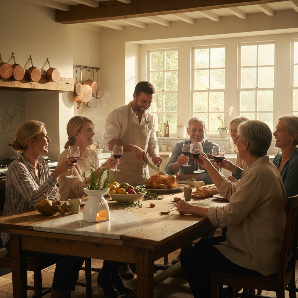 Friends gathered around a Sunday dinner table carving a chicken — Lunara luxury home fragrance sets the perfect atmosphere