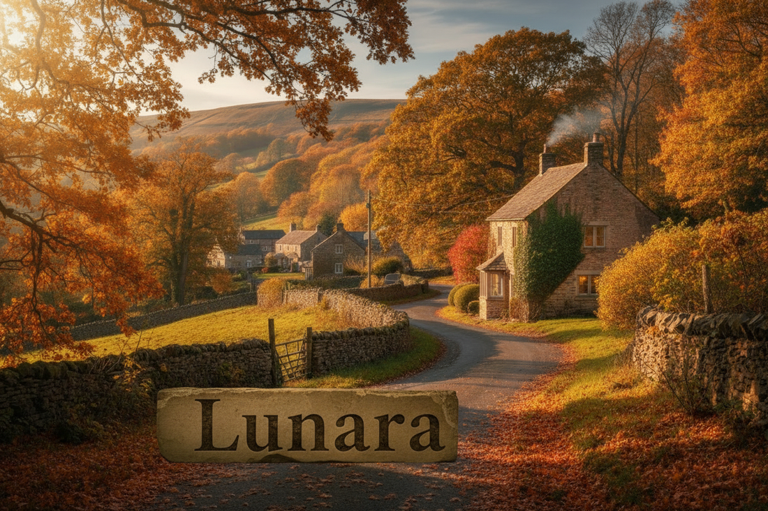 Golden autumn trees and dry stone wall with Lunara sign in the Yorkshire Dales