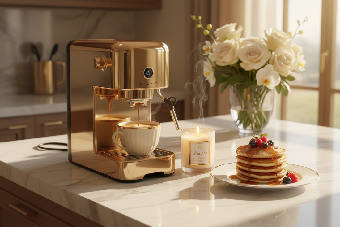 A luxury Sunday morning kitchen scene with fresh coffee, fluffy pancakes, maple syrup and a Lunara candle glowing warmly on the worktop