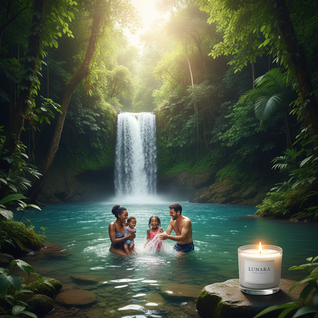 Mixed race family laughing beneath a tropical waterfall, Lunara candle glowing at the water's edge