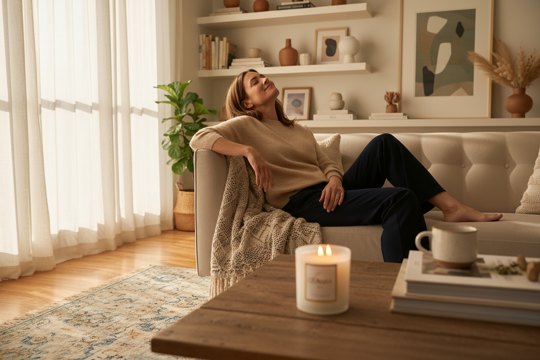 A woman relaxing alone on a cosy sofa with a glowing Lunara candle, enjoying the quiet after the school run