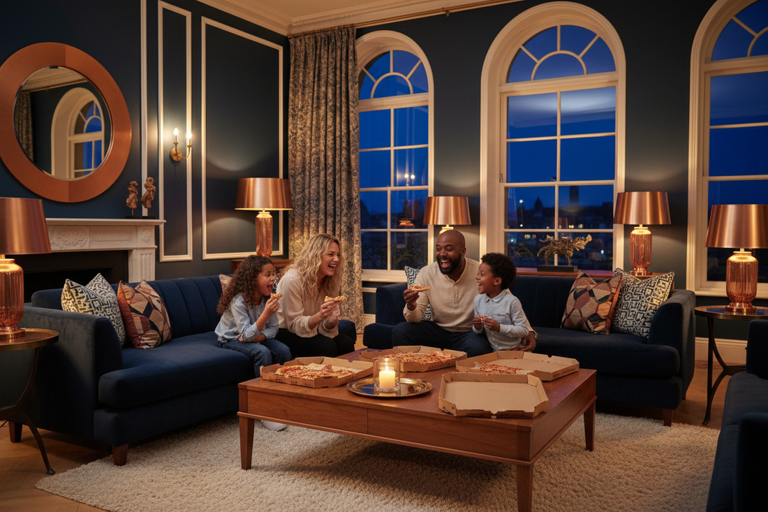 Family enjoying a cosy Saturday night in with a Lunara candle glowing on the coffee table