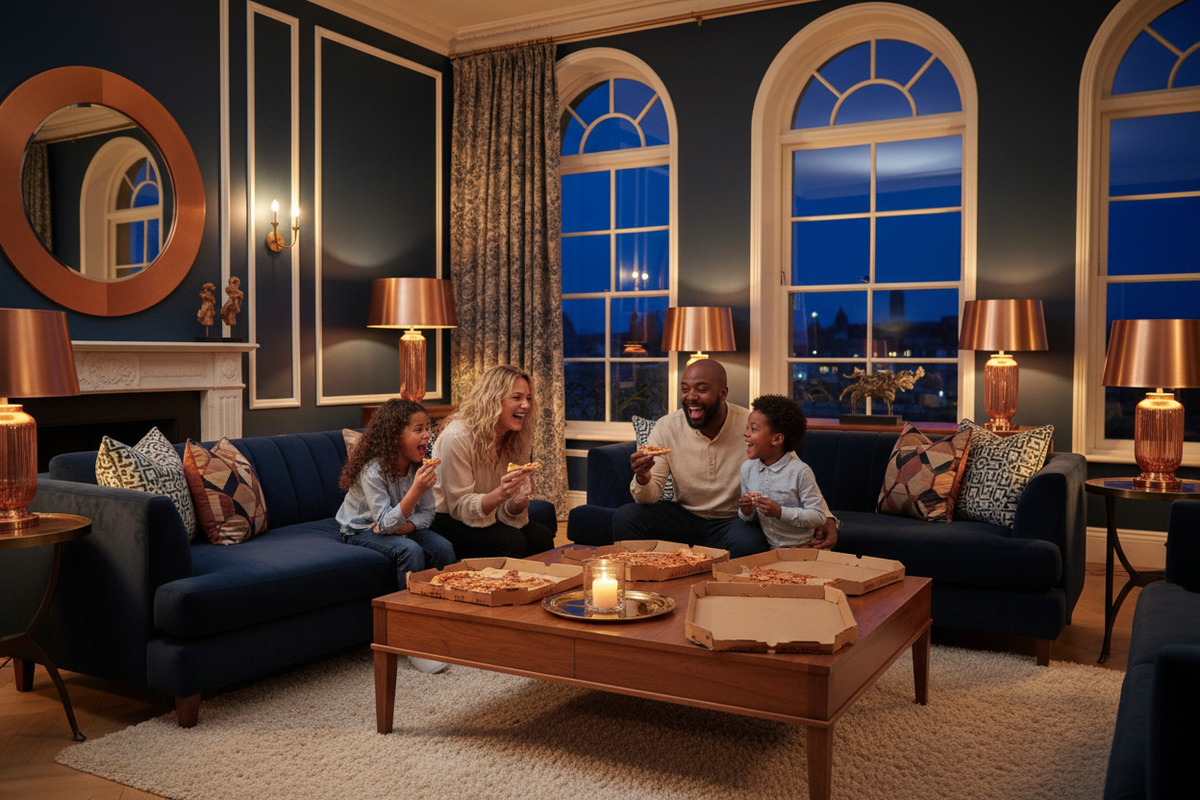 Family enjoying a cosy Saturday night in with a Lunara candle glowing on the coffee table