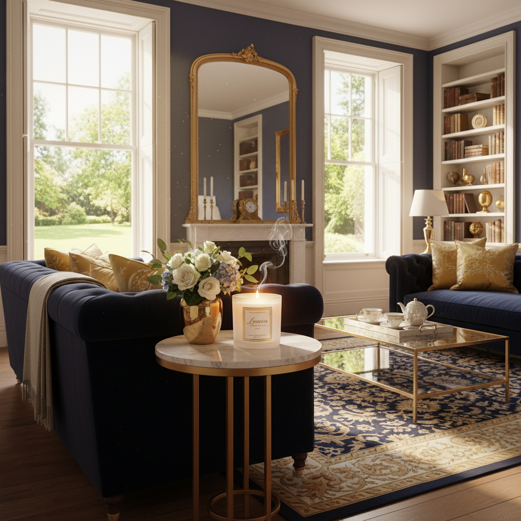Luxury scented candle burning in a sunlit British living room — Lunara home fragrance