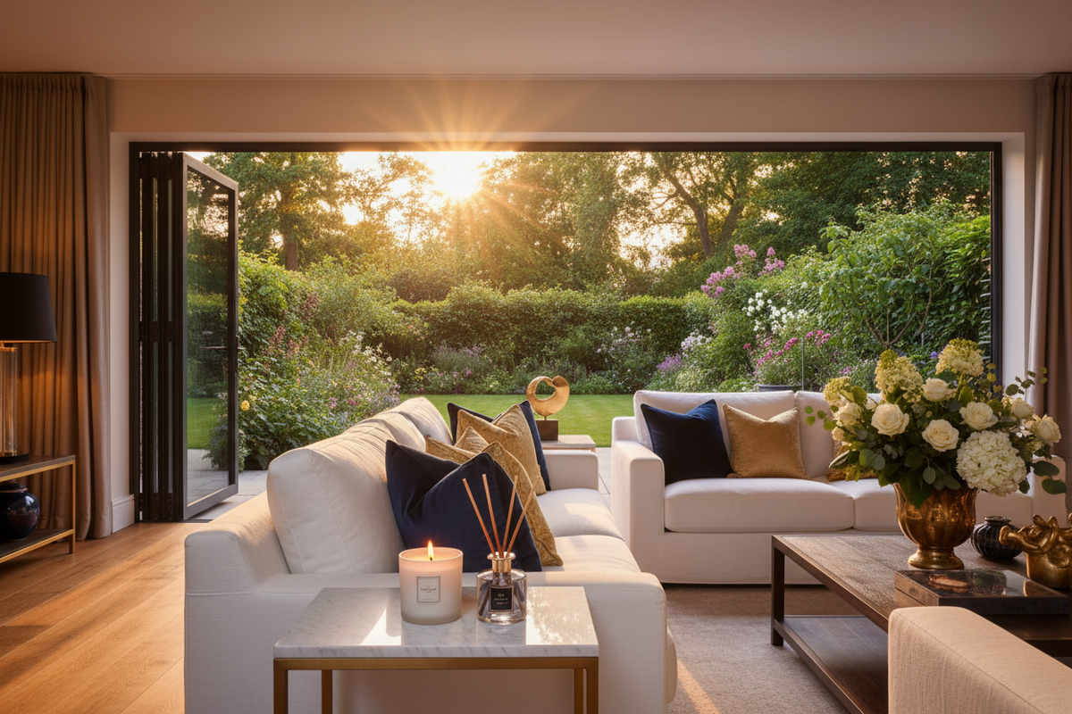 Summer evening with bifold doors open — Lunara luxury home fragrance gifts for every occasion