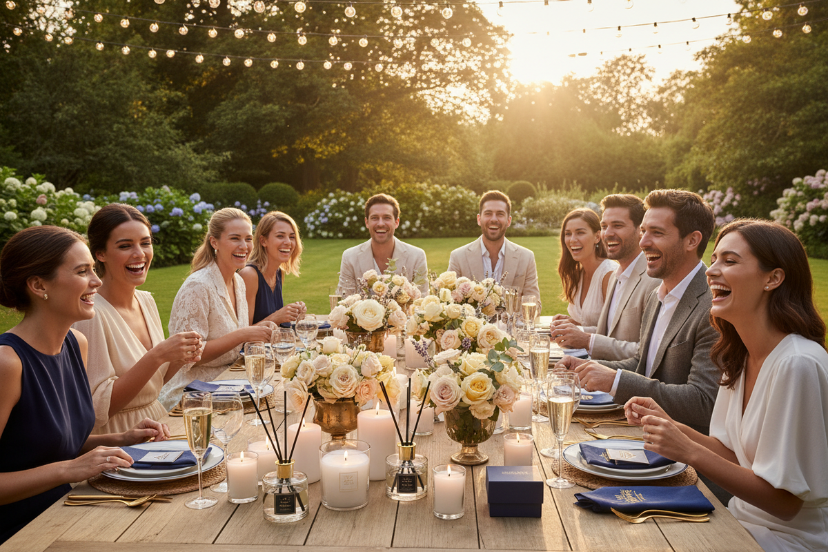Luxury British garden party summer evening with candles and reed diffuser