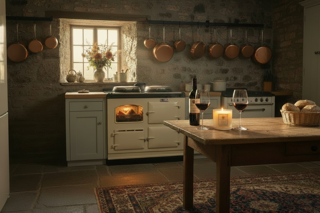 Cosy Yorkshire Dales cottage kitchen on a Sunday, cream Aga glowing, roast in the oven, Lunara candle and red wine on the kitchen table