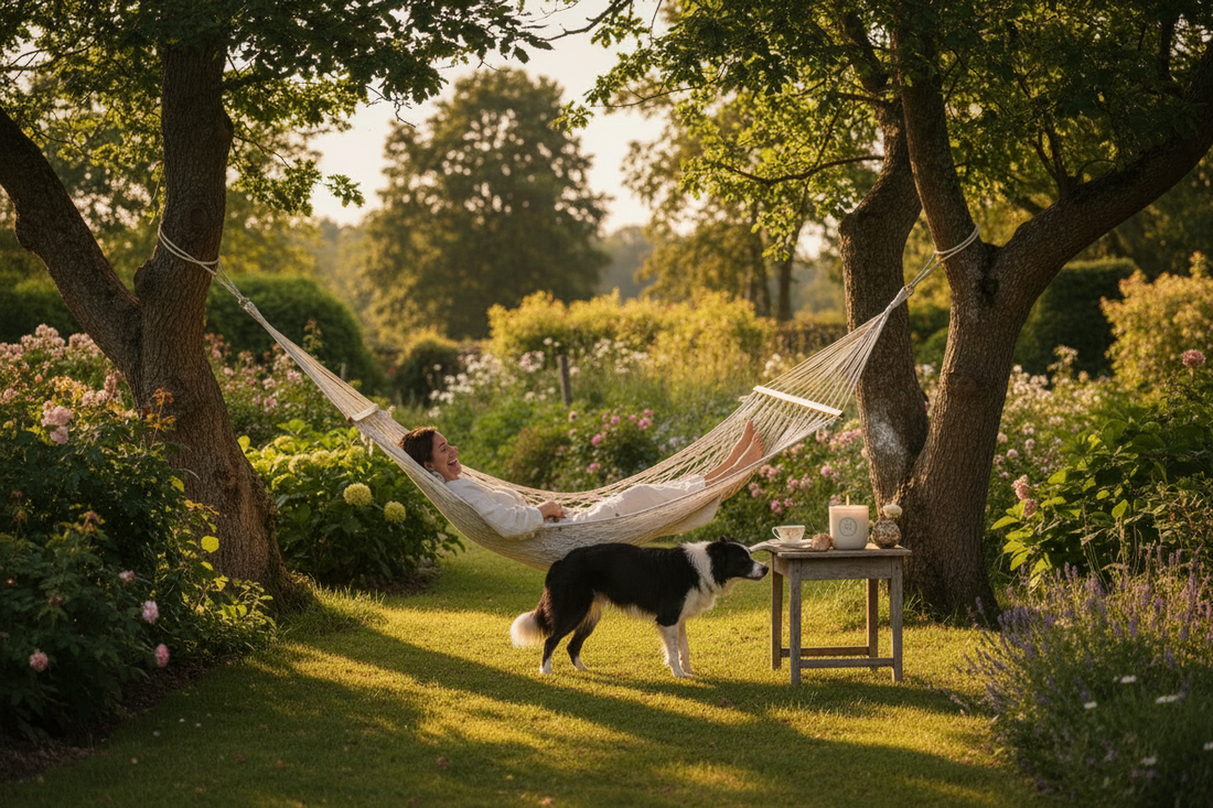 Person relaxing in a hammock with a Border Collie — creating a stress-free home sanctuary with Lunara