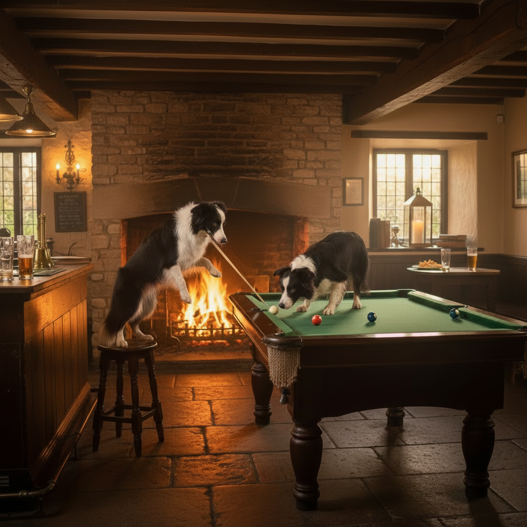 Two Border Collies playing pool in a rustic Yorkshire country pub with an inglenook fire and Lunara lantern glowing on the shelf