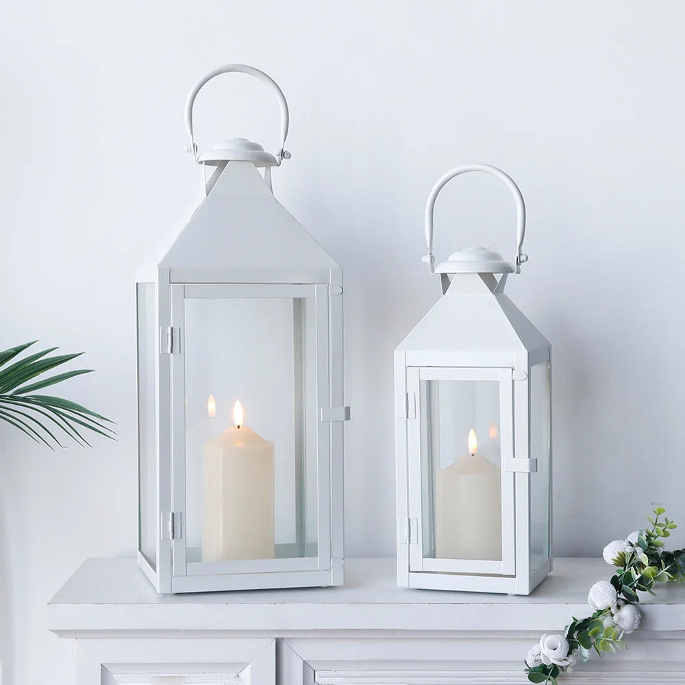 Set of 2-17.5"&13.5" Metal Candle Lanterns(White）
