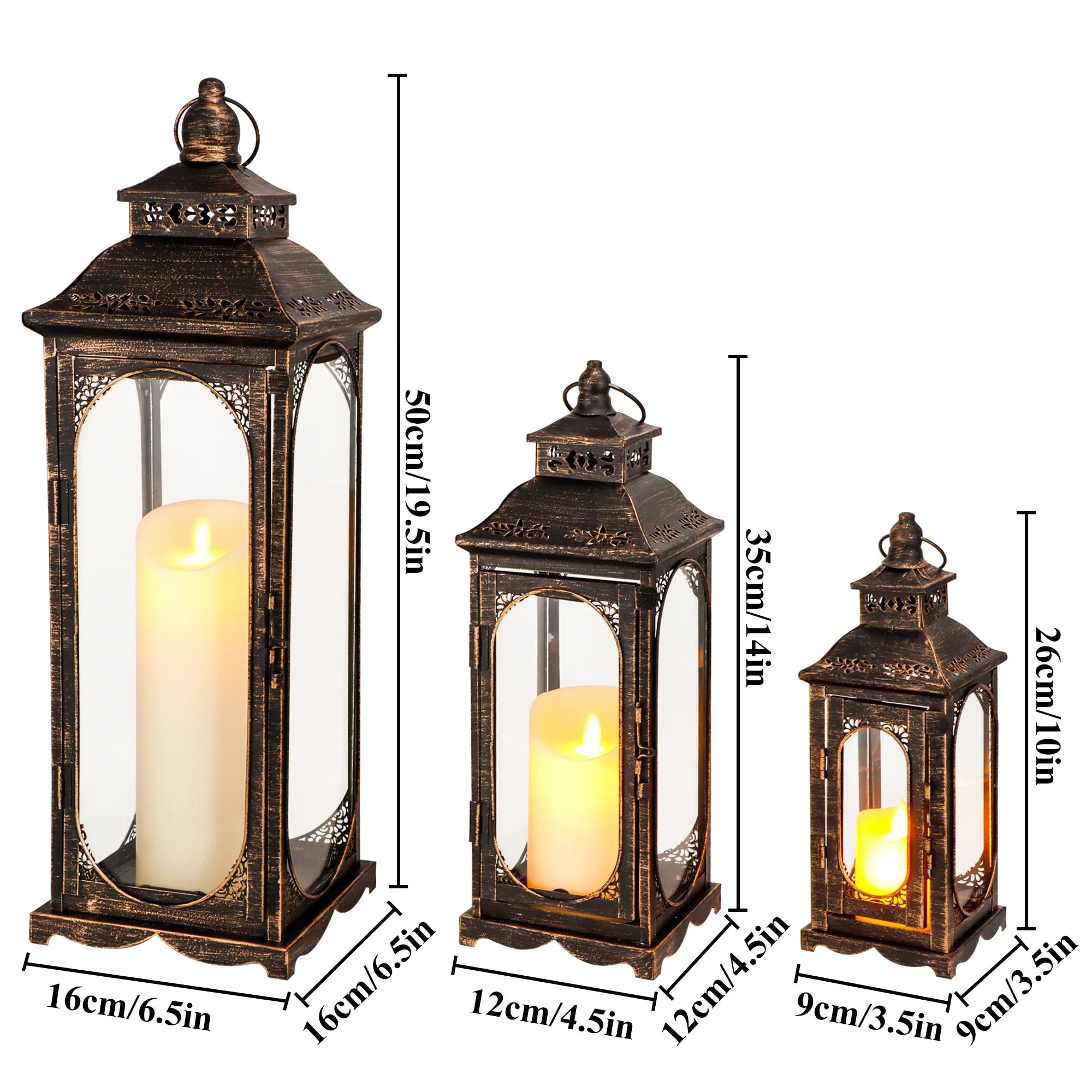 Set of 3 Vintage Candle Lanterns 10/14/19.5''H Decorative Outdoor Lantern