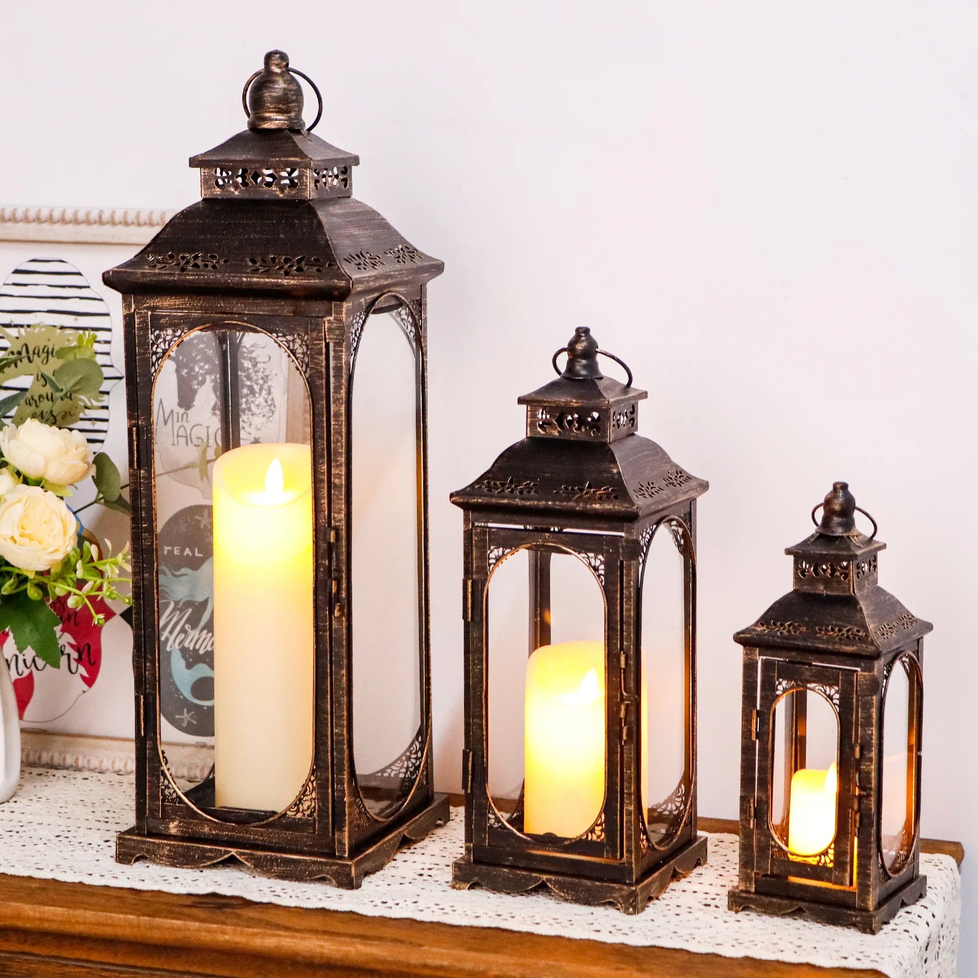 Set of 3 Vintage Candle Lanterns 10/14/19.5''H Decorative Outdoor Lantern
