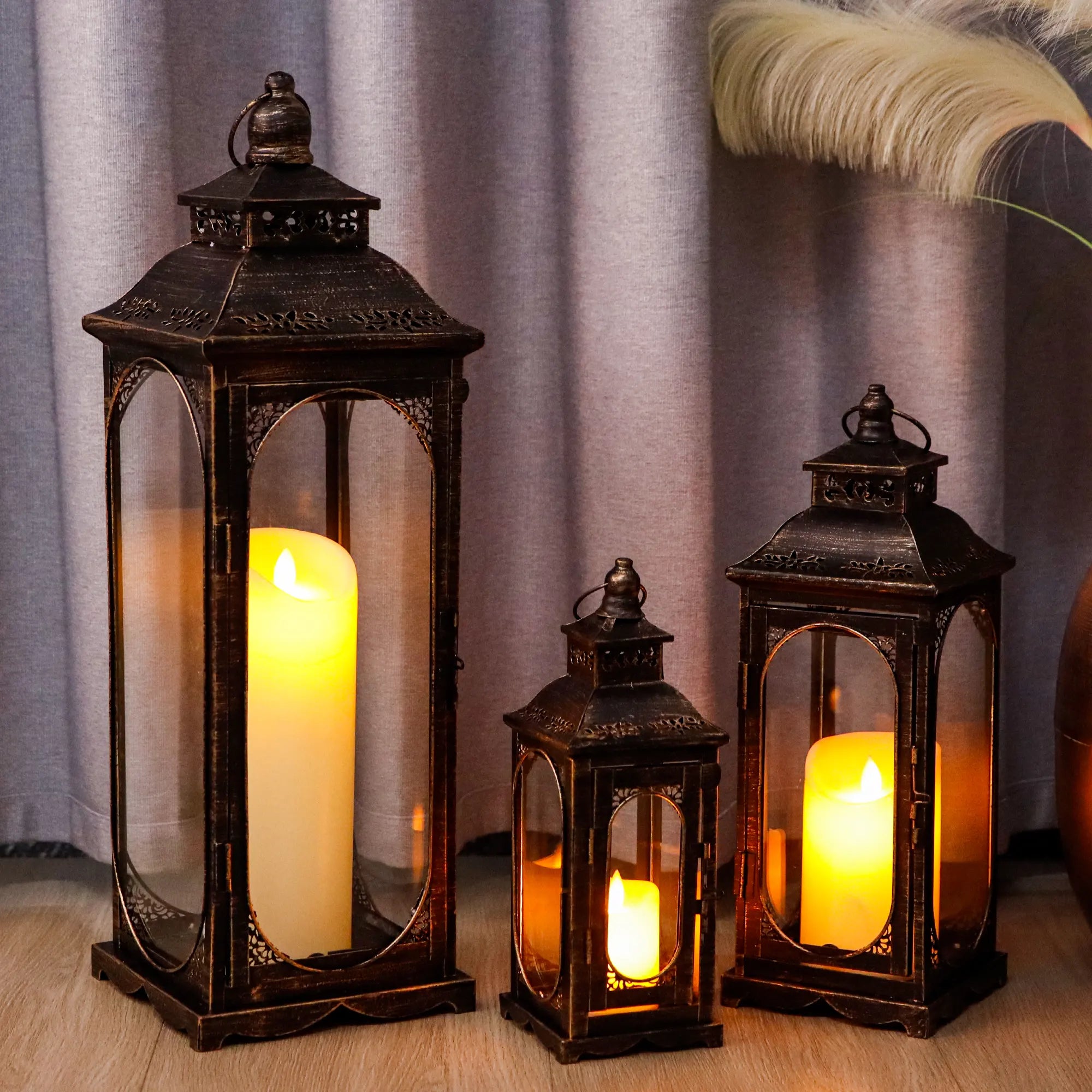 Set of 3 Vintage Candle Lanterns 10/14/19.5''H Decorative Outdoor Lantern