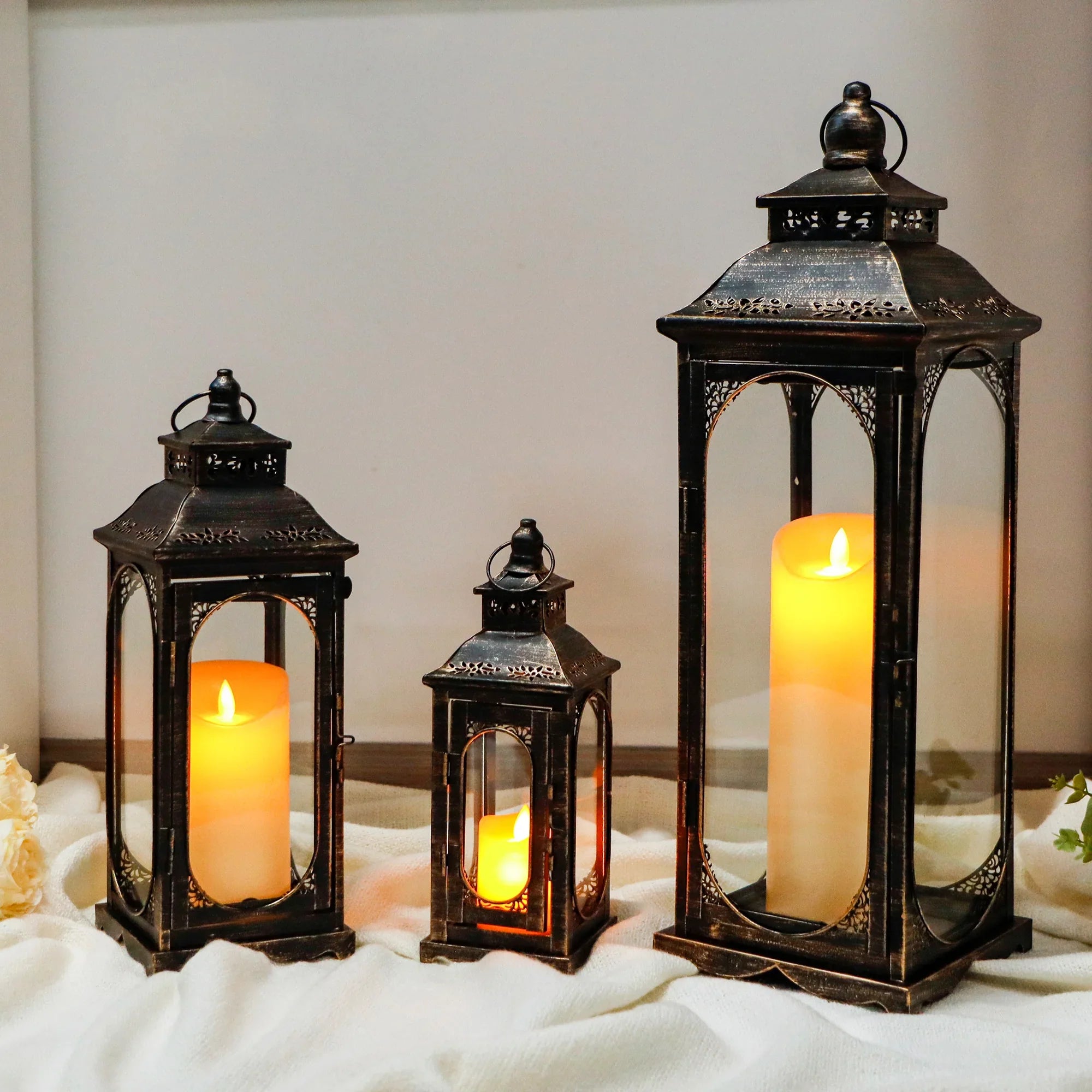 Set of 3 Vintage Candle Lanterns 10/14/19.5''H Decorative Outdoor Lantern