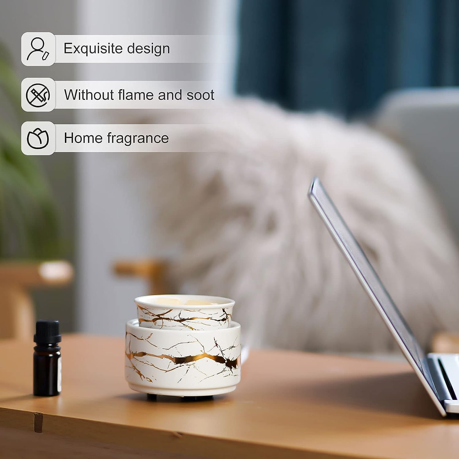 Wax Melt Burner Ceramic 3-in-1 Oil Burner Electric Candle Wax Burner (White Gold)