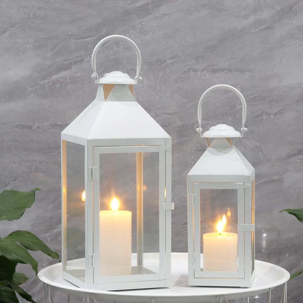 Set of 2-17.5"&13.5" Metal Candle Lanterns(White）