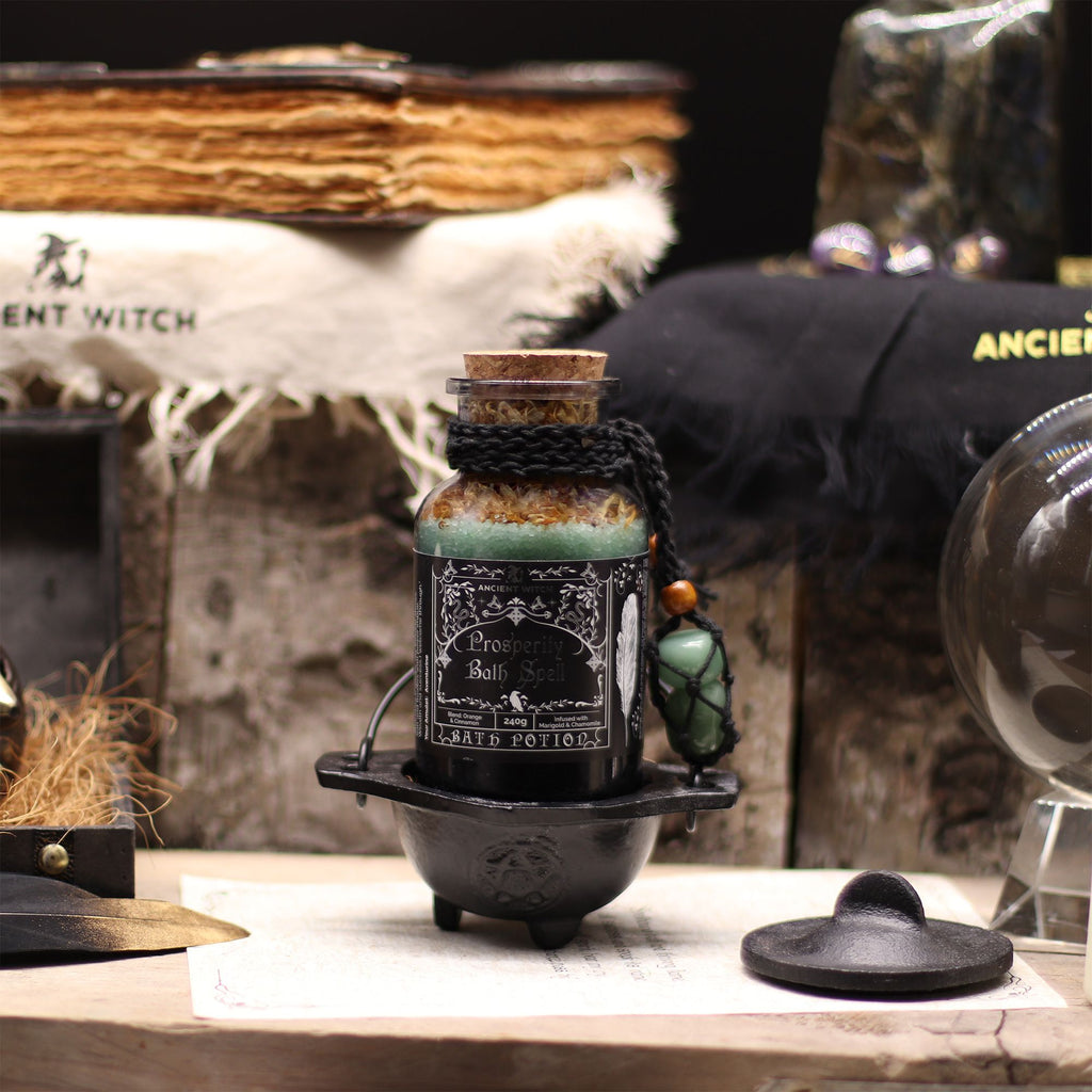 Ancient Witch Bath Spell Potion & Aventurine Crystal Amulet - Prosperity