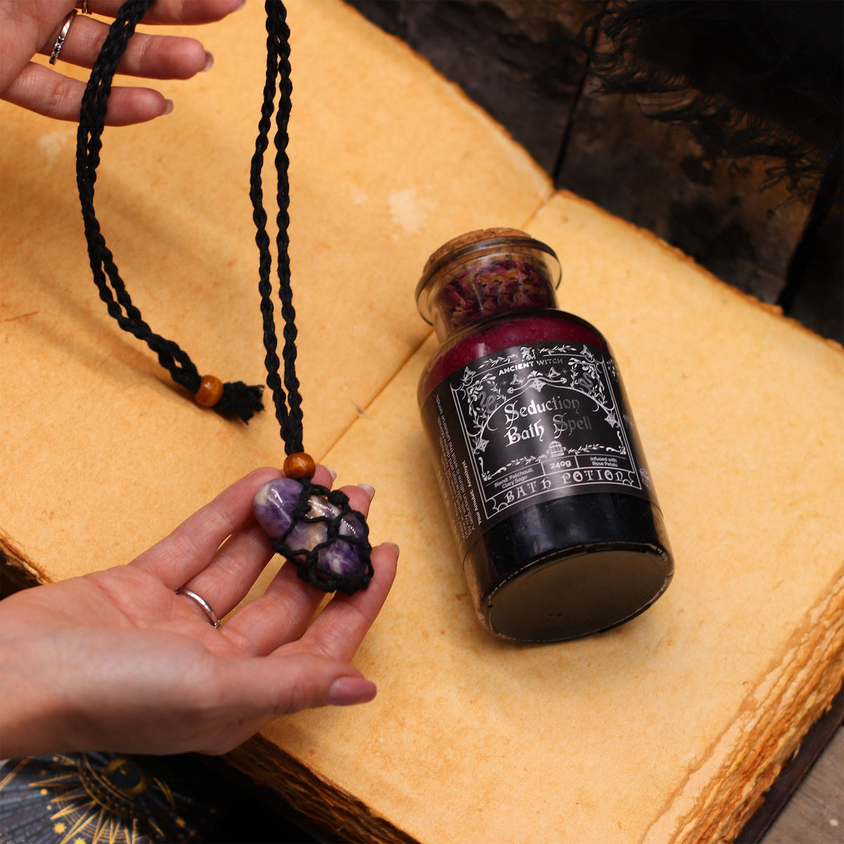 Ancient Witch Bath Spell Potion & Rose Quartz Crystal Amulet - Love