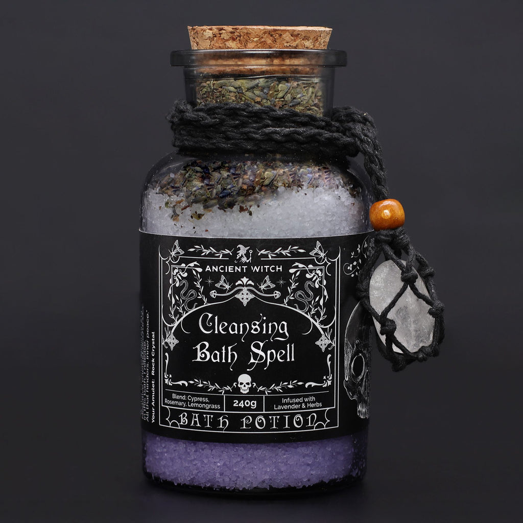 Ancient Witch Bath Spell Potion & Rock Crystal Amulet - Cleansing