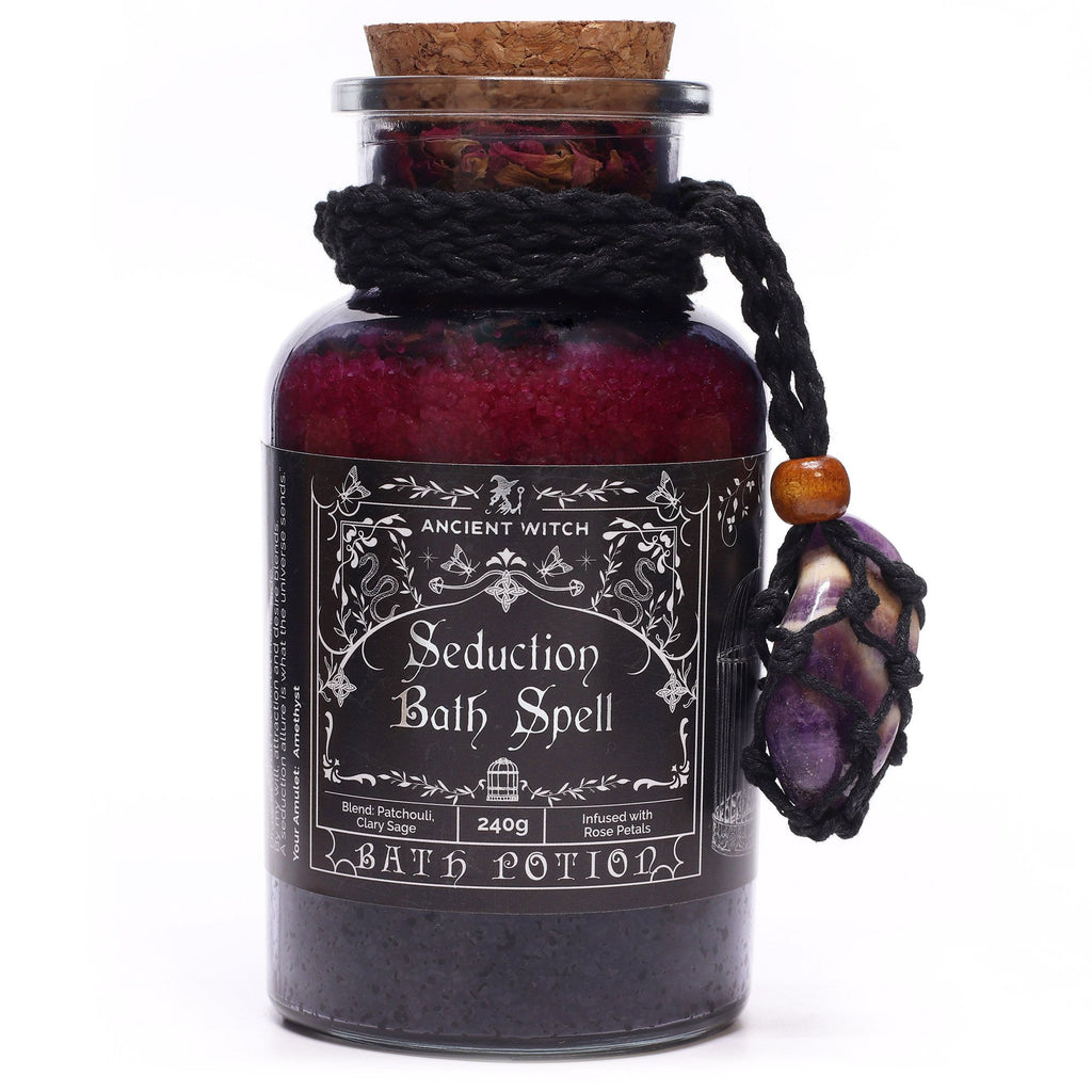 Ancient Witch Bath Spell Potion & Amethyst Crystal Amulet - Seduction