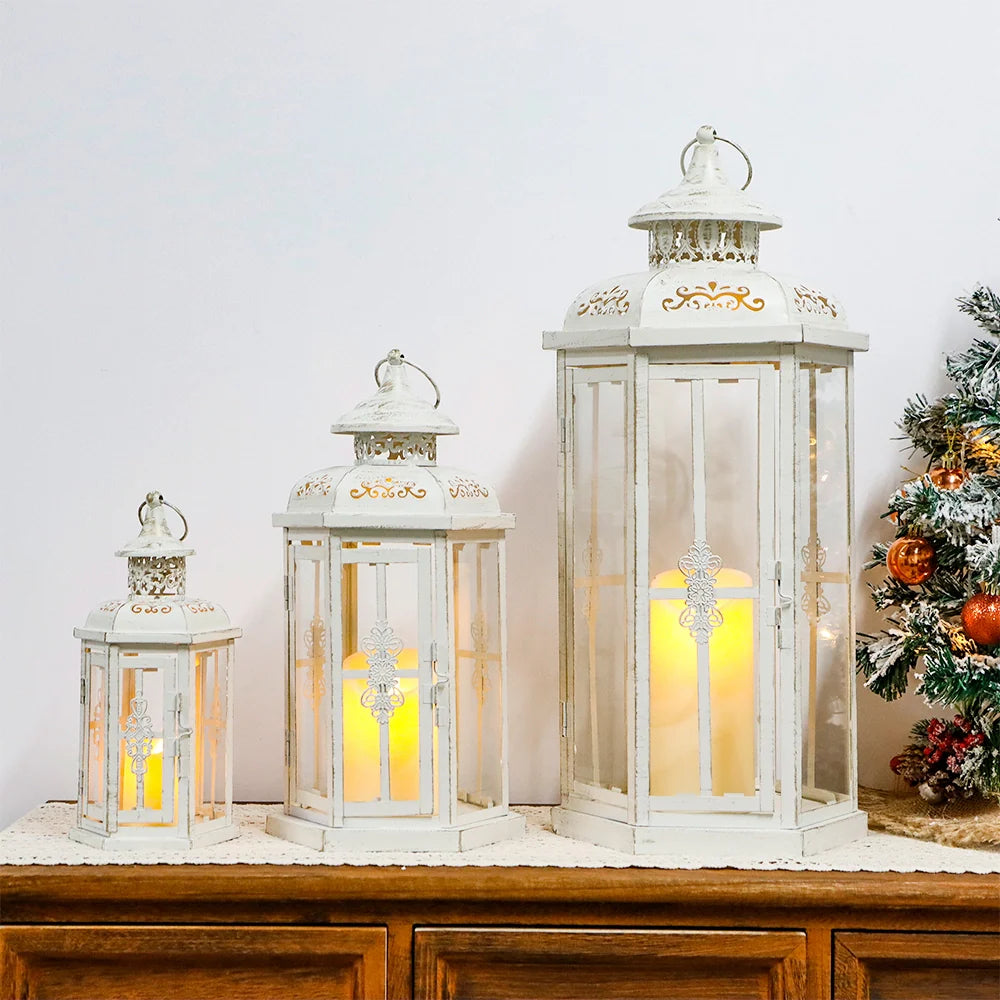 Set of 3-20''&14"&10" H Candle Lanterns (White with Gold Brush)