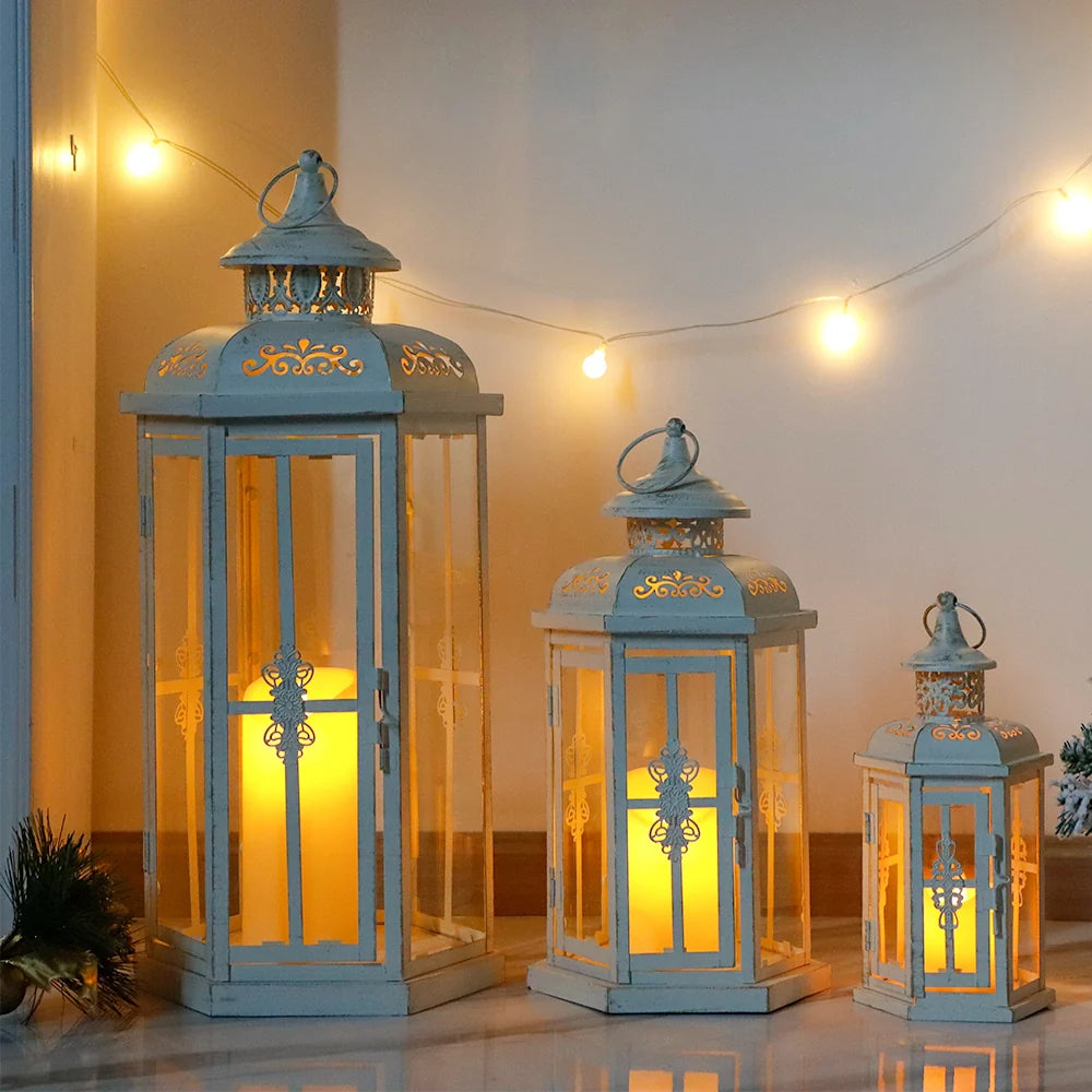 Set of 3-20''&14"&10" H Candle Lanterns (White with Gold Brush)