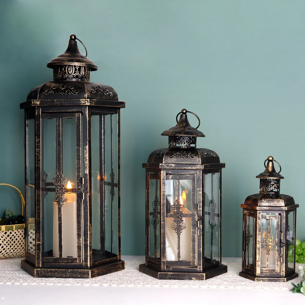 Set of 3-20.5''&14"&10"H Candle Lanterns(Black with Gold Brush)