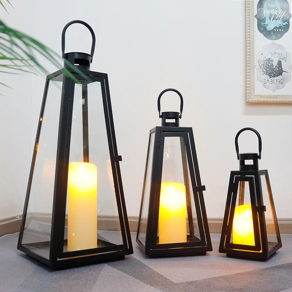 11/16/21''H Metal Outdoor Candle Holder Hanging Lantern with Tempered Glass