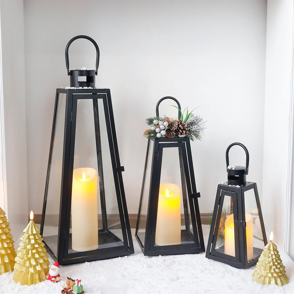 11/16/21''H Metal Outdoor Candle Holder Hanging Lantern with Tempered Glass