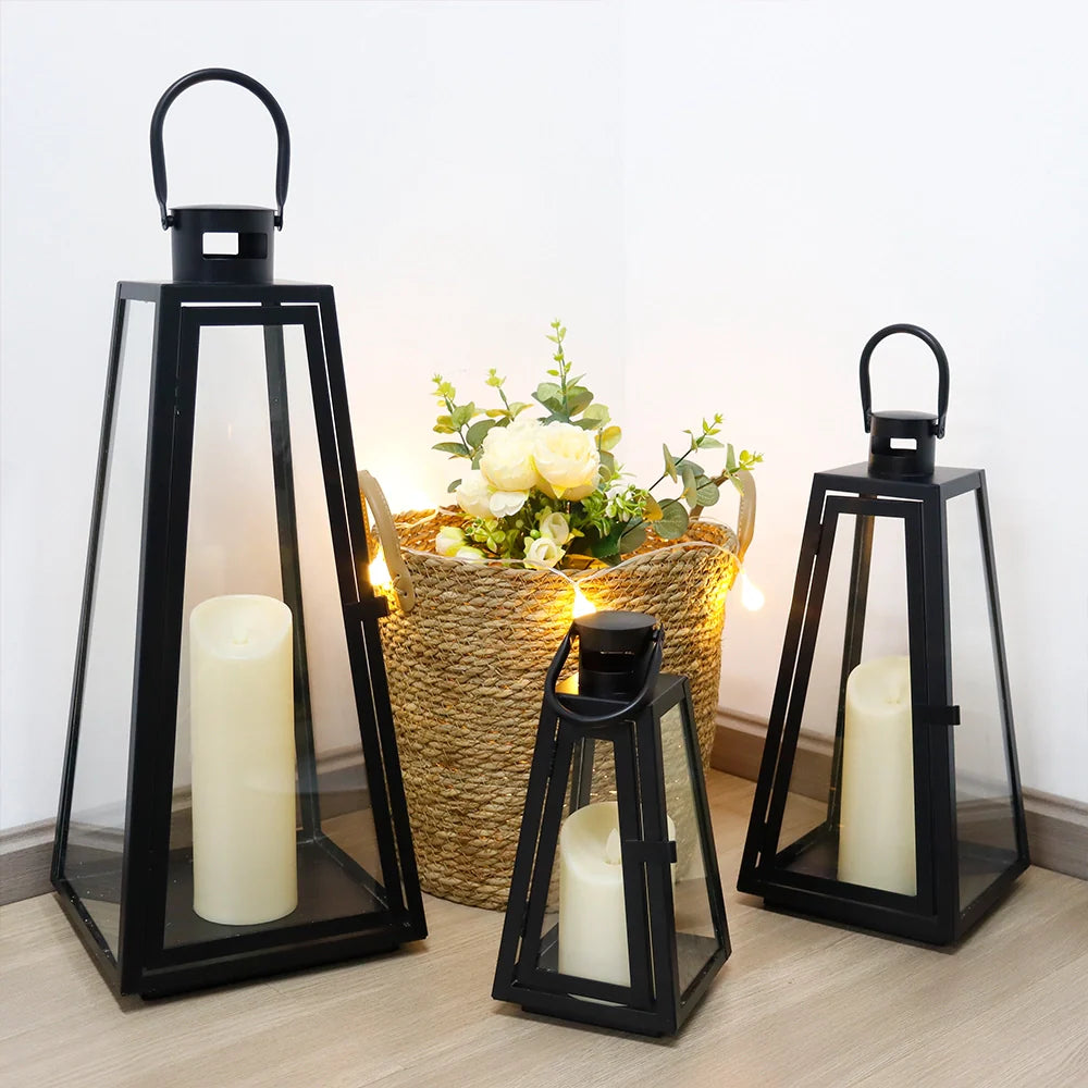 11/16/21''H Metal Outdoor Candle Holder Hanging Lantern with Tempered Glass
