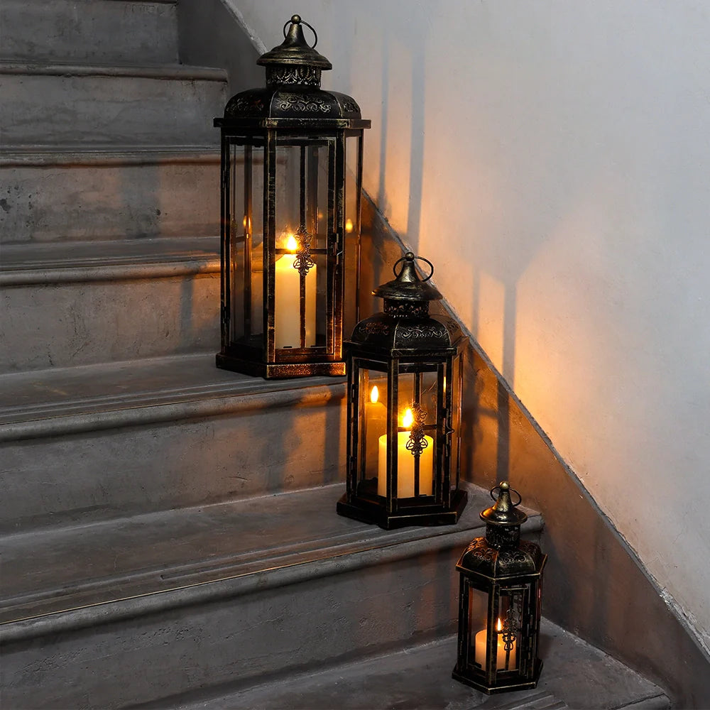 Set of 3-20.5''&14"&10"H Candle Lanterns(Black with Gold Brush)