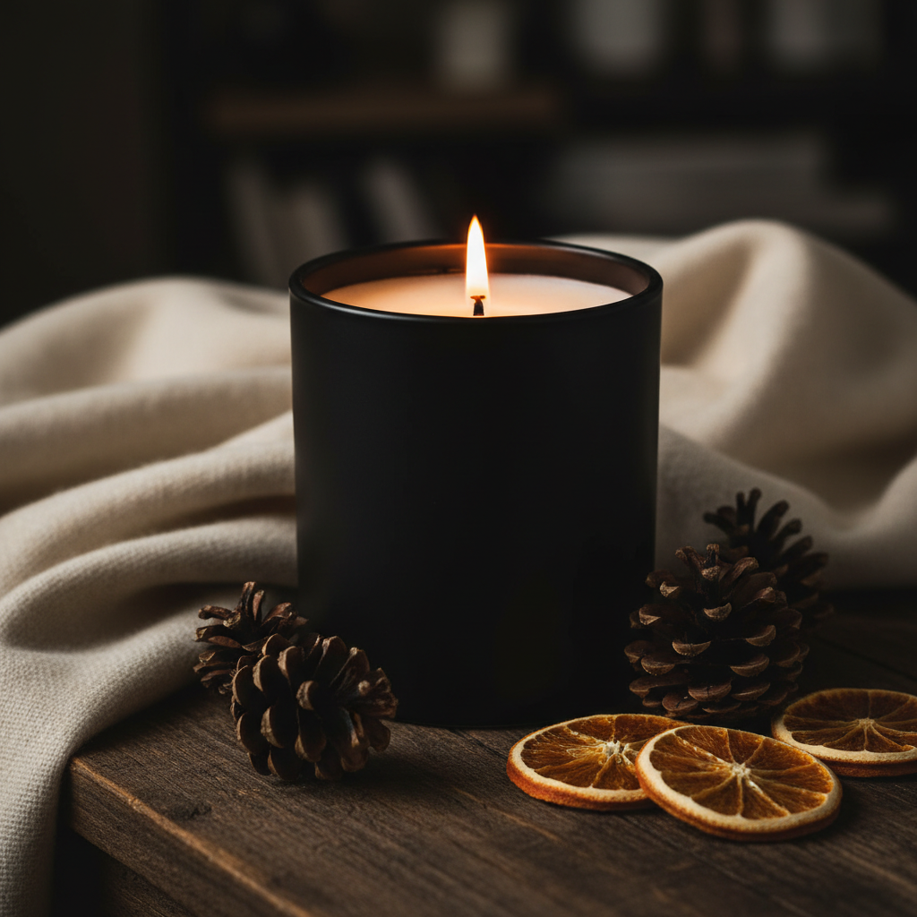 Lunara luxury scented candle close up with flickering flame