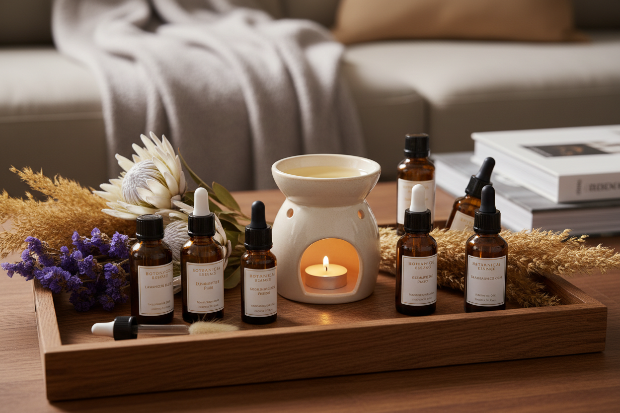 Premium scented and essential oils in amber glass bottles on a wooden tray with dried flowers and oil burner