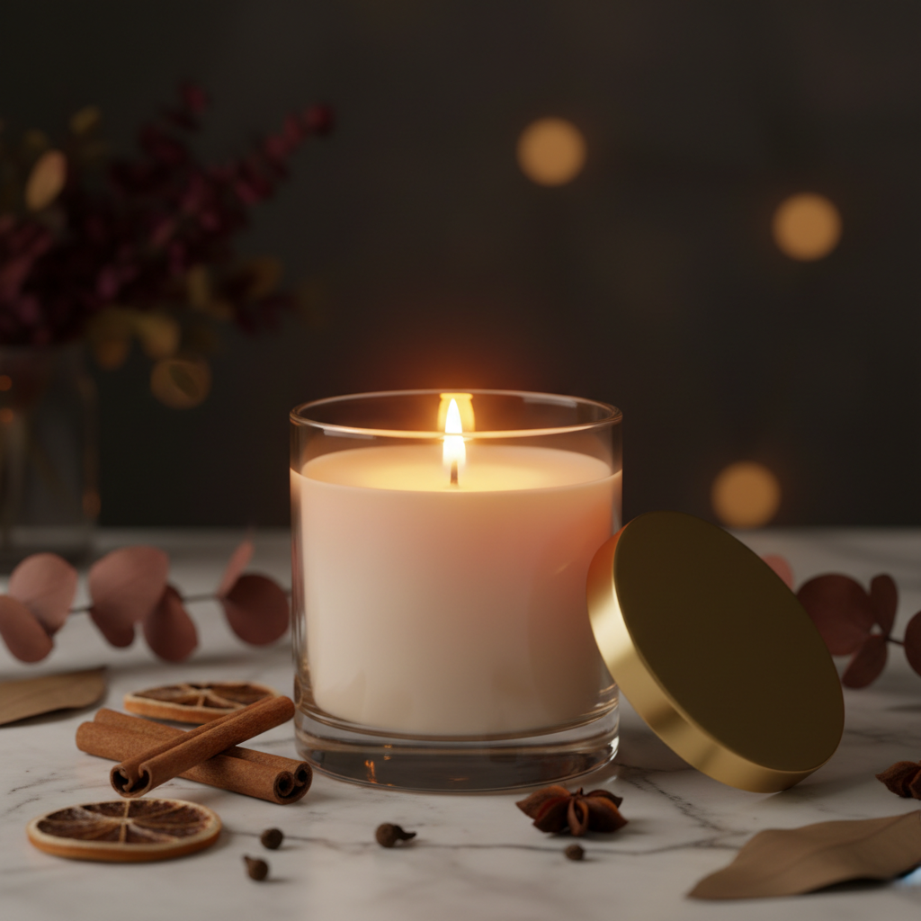 Lunara luxury scented candle in glass jar with warm golden glow
