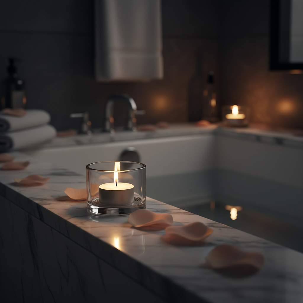 Lunara Premium Tealight Candles in luxury bathroom setting