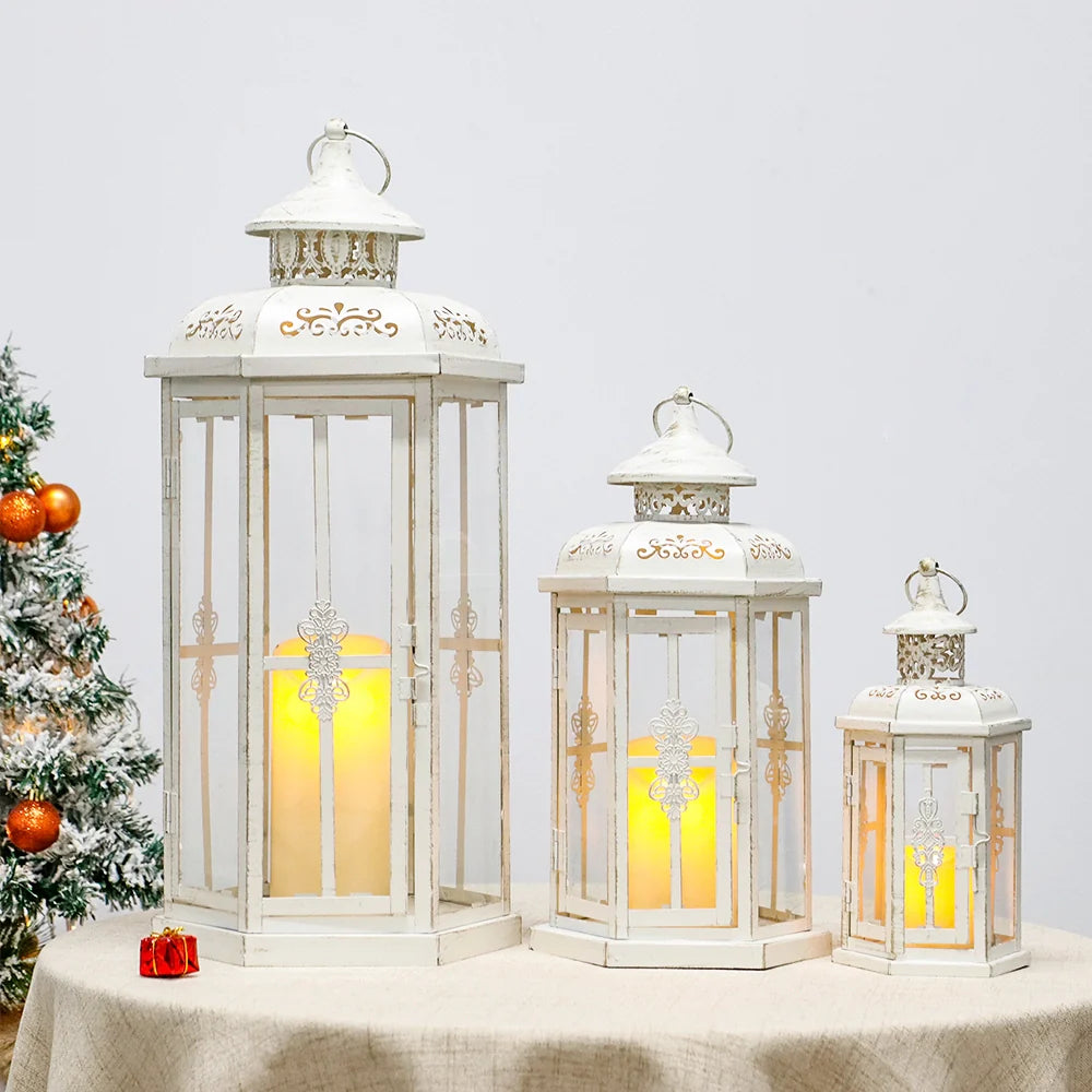 Set of 3-20''&14"&10" H Candle Lanterns (White with Gold Brush)