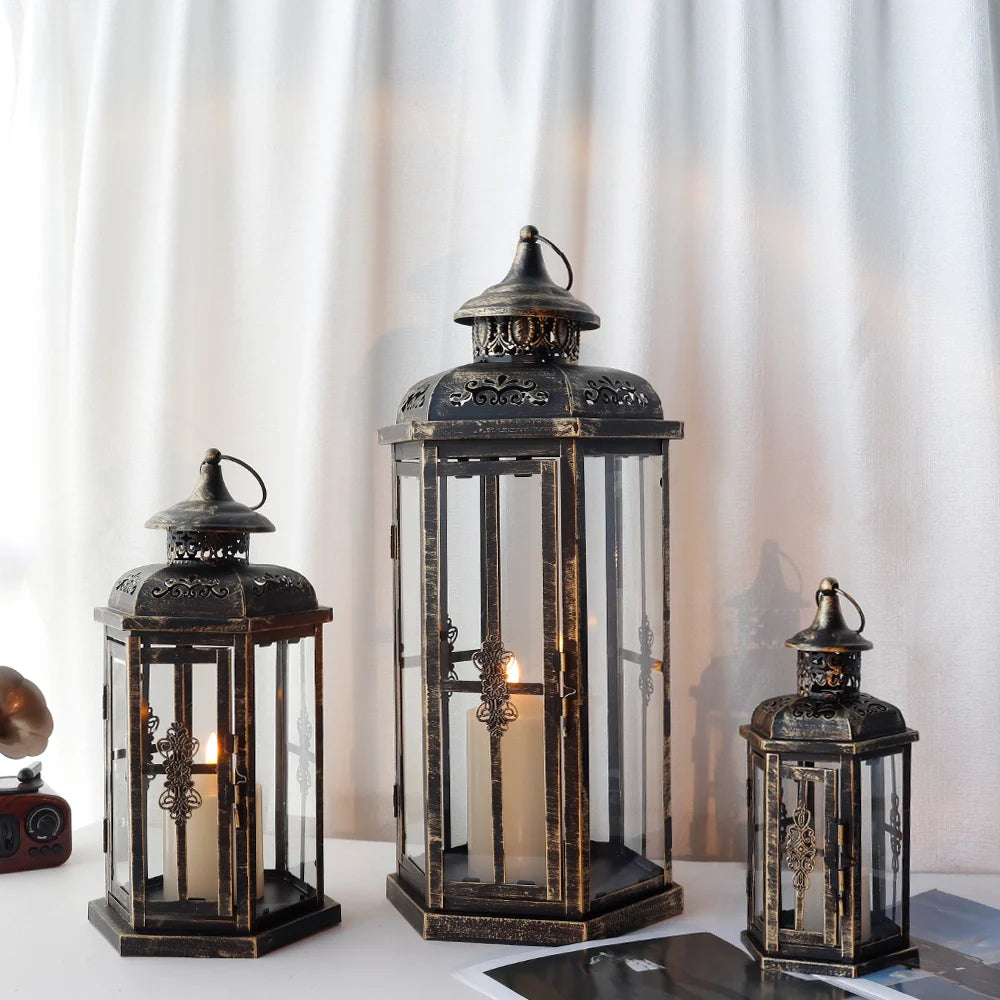 Set of 3-20.5''&14"&10"H Candle Lanterns(Black with Gold Brush)